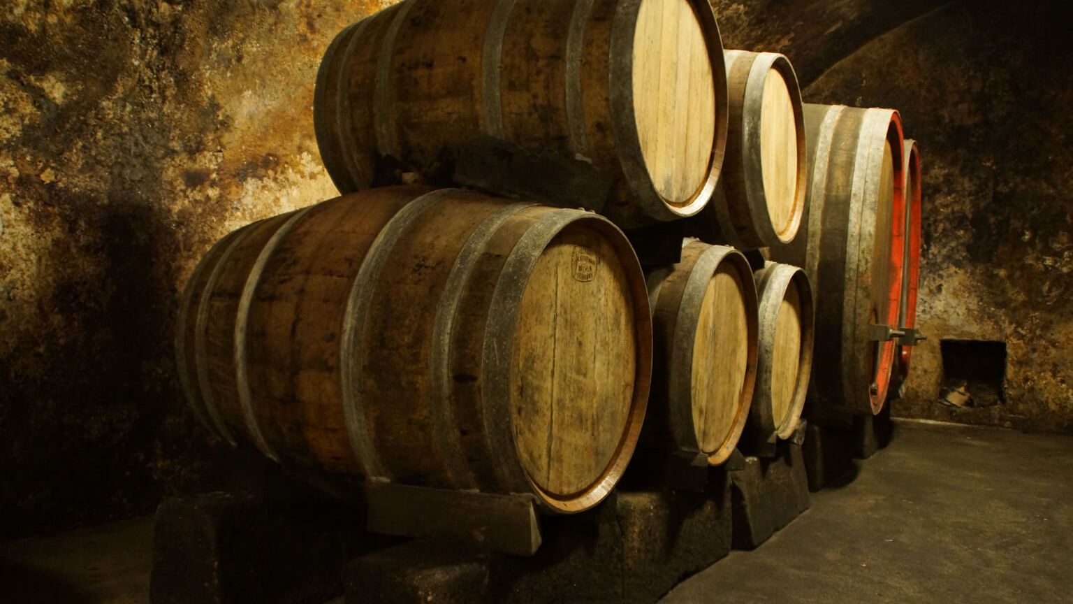 Weinfaesser im Gewoelbe des Weinkellers des Weingut Biegler & Brand in Alzey